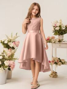 花童少女精致蕾丝花边领缎面高低下摆连衣裙，婚礼/生日派对/日常穿着 - 粉色 - 查看 6