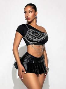 Sirith Women's Fashionable Cross Chain Decorated Cropped Top, Summer - Black - View 3