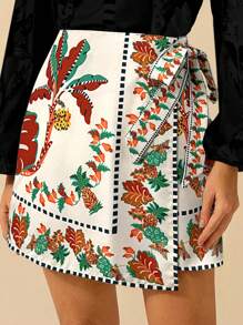 CAJUNI Damen tropischer Boho Kokosbaum, Ananas, Azalee Muster, Wickel Schnürrock, Urlaub Lässig Strand Sommer Mini Rock