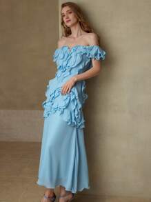 MOTF PREMIUM RUFFLE TRIM OFF SHOULDER DRESS,VALENTINE'S DAY OUTFIT - Blue - View 6