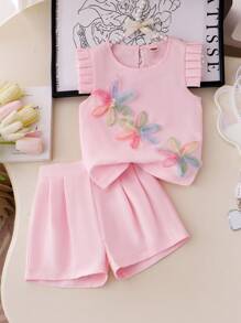 2pcs/Set Little Girls Pink Soft Cap Sleeve Sparkly 6-Petal Flower Solid Foldable Shorts Suit, Sweet & Cute Casual Summer Outfit - Pink - View 1
