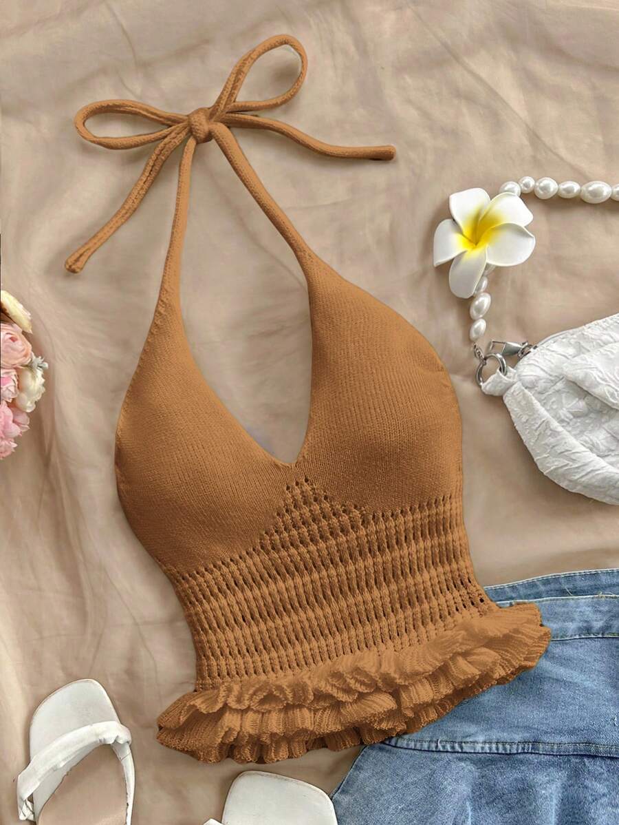 Soleia Casual Ruffle Trim Open Back Halter Neck Knit Blouse - Camel - View 1