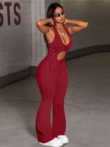 SHEIN ICON Mono para mujer con tirantes finos y ojales laterales, diseño calado - Burdeos - Ver 3