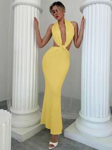 Aloruh Vestido body-con maxi romántico para una cita, con espalda descubierta, escote profundo en V, torsión y plisado, para primavera/verano