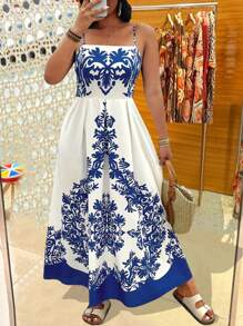 SHEIN Clasi Plus Size Floral A-Line Beach Vacation Dress With Tie Straps - Multicolor - View 1