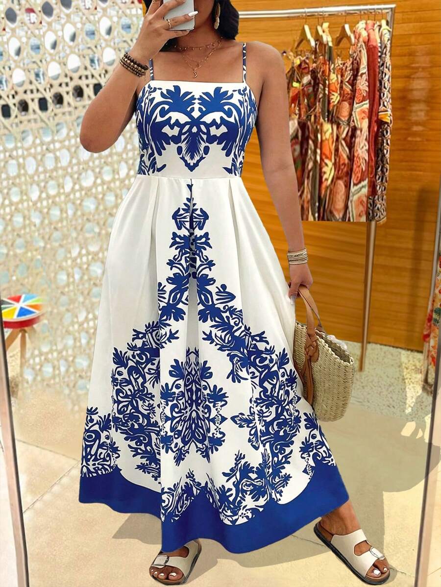 SHEIN Clasi Plus Size Floral A-Line Beach Vacation Dress With Tie Straps - Multicolor - View 1