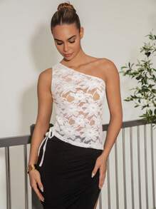 SHEIN Clasi Blusa de encaje con hombros oblicuos y cordón para mujer, para primavera/verano