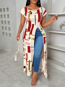 Maweii 大码女式圆领几何图案拼接装饰收腰开衩下摆休闲 T 恤 - 杏色 - 查看 1