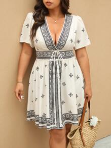 Elaquor 大码女式节日花卉印花 V 领前系带短袖连衣裙 - 黑與白 - 查看 3