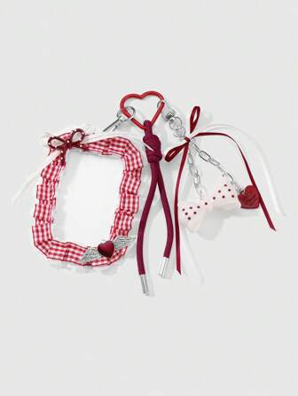 Kawaii 1 pieza Elegante y dulce cadena de plata de alta calidad con colgante versátil en forma de corazón, lazo de cinta, alas de cristal y estuche para tarjetas y llavero, adecuado para trabajadores de oficina, estudiantes, uso diario y regalo para festivales