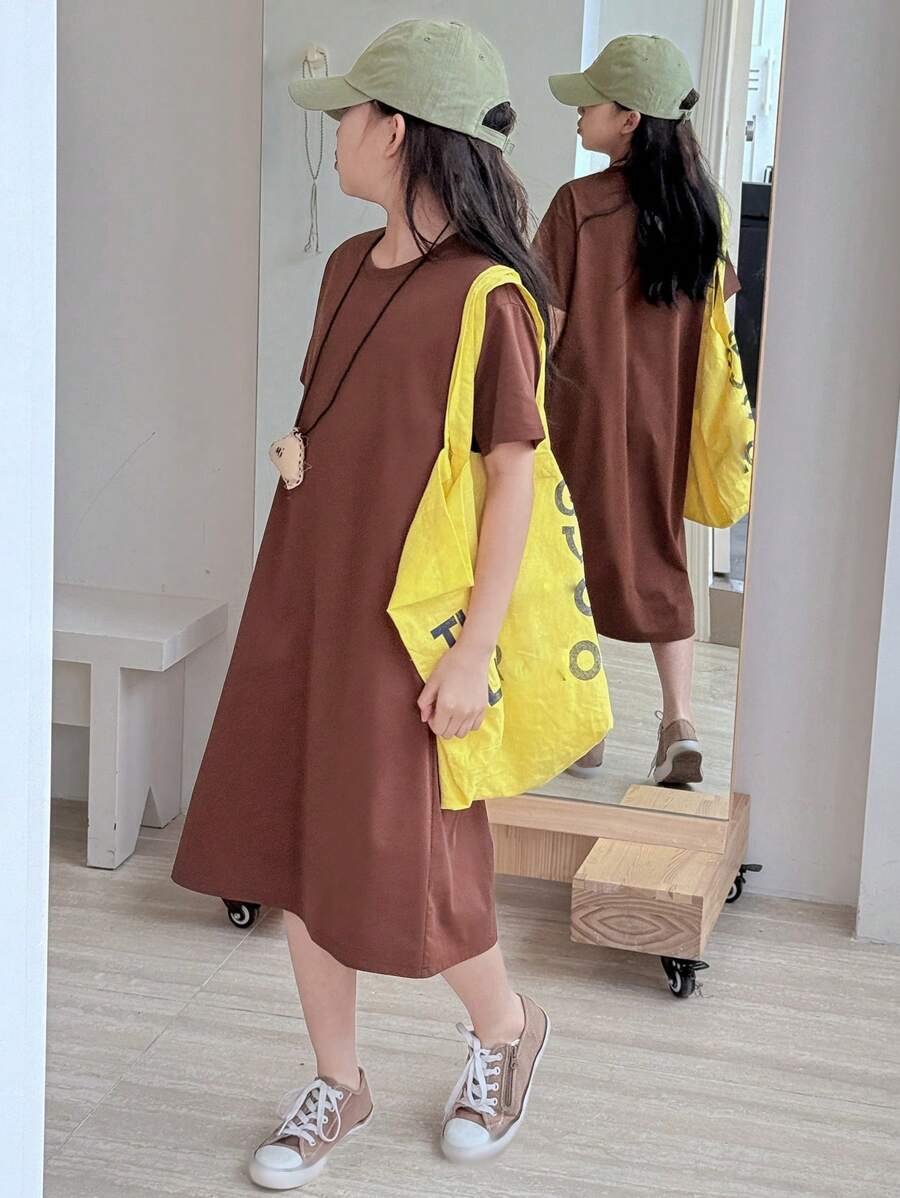 Dazy Kids Tween Girls Summer Round Neck Knitted Short Sleeve Dress - Coffee - View 1