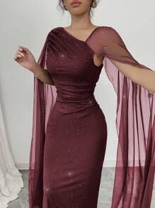 Elenzga Luxury Women's Solid Knitted Mesh Pleated Cape Sleeve Fitted Bodycon Evening Dress