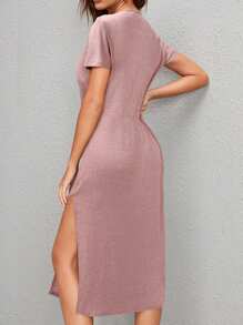 SHEIN LUNE Casual Solid Color Round Neck Short Sleeve Split Hem Dress - Pink - View 6