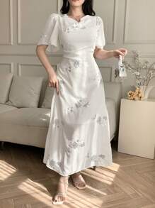 DAZY 女士优雅亮片刺绣中长连衣裙 - 白色 - 查看 2