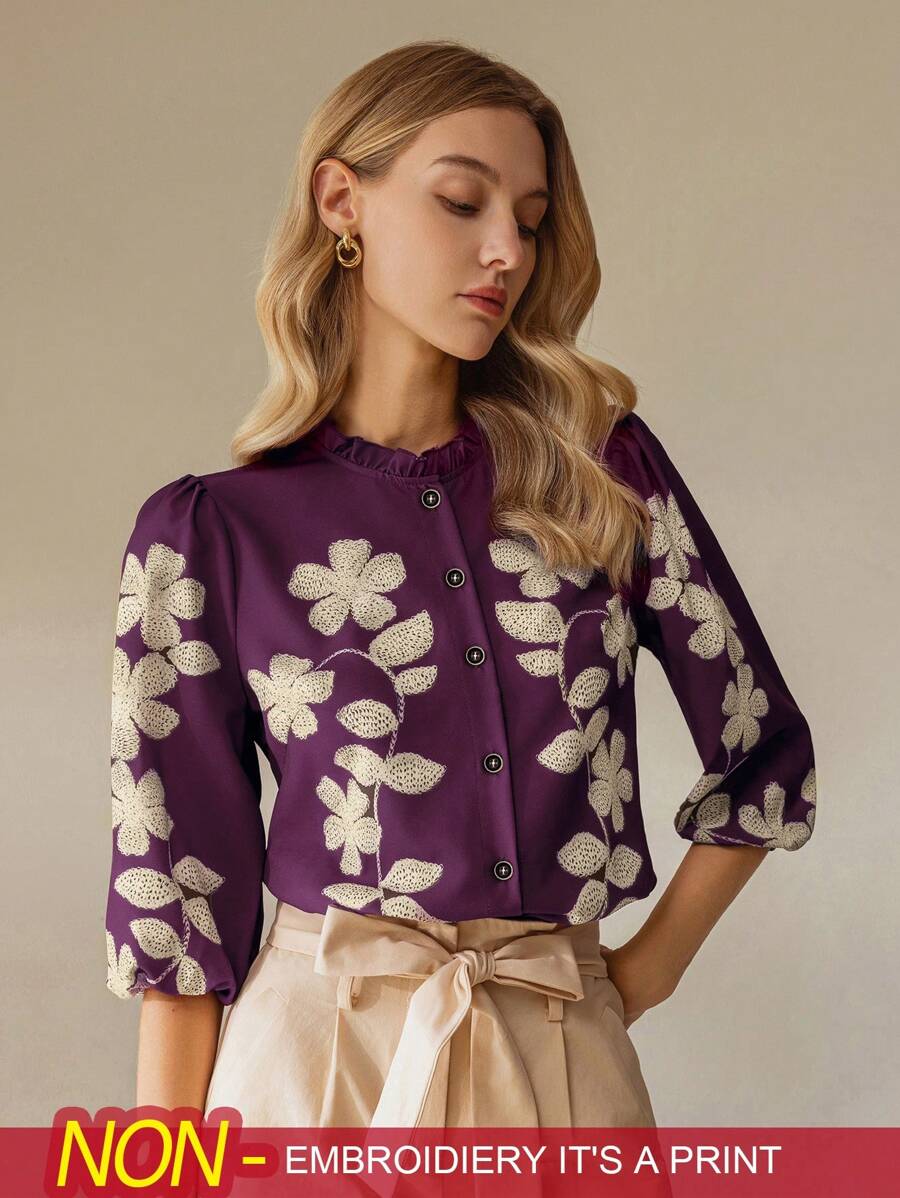 SHEIN Clasi Áo sơ mi đơn hàng thường ngày in hoa tay đèn lồng cho nữ - Nhiều màu - Xem 1