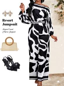 SHEIN Lady Conjunto de blusas y pantalones casuales elegantes para vacaciones de verano para mujer, prendas de playa y monos estampados en blanco y negro - Blanco y Negro - Ver 1