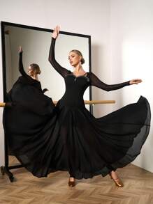 Dansine Rhinestone Embellished Extra Flared Mesh And Chiffon Patchwork Women's Dance Dress