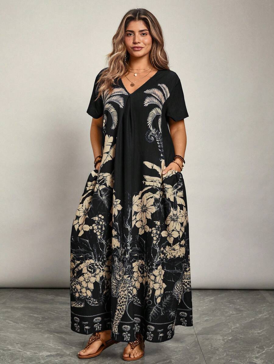 Freevana Váy đi nghỉ thường ngày in hoa cỡ lớn cho nữ có túi, tay ngắn - màu đen - Xem 1