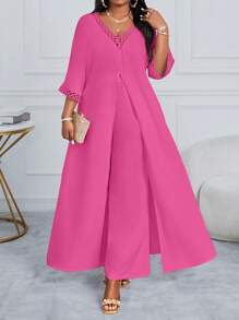 Fleurora Spring And Summer Autumn And Winter Casual Elegant Woven Woven Woven White One Piece Sleeve Split Short Sleeve Plus Size Co-Ords Fall Wedding Guest Dress Women Pants Suit Cruise Outfits Women - Hot Pink - View 3