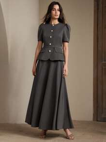 Women's Simple Elegant Commuter Chic Puff Sleeve Waist Flared Two Pieces Skirt Set, Valentine's Day, Summer, New Year - Grey - View 5