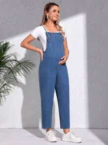 SHEIN 孕妇休闲系带牛仔背带裤 - 中等水洗藍 - 查看 1