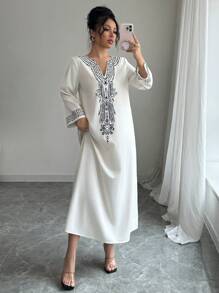 Elenzga 女士宽松定位印花长袍，时尚长裙 - 杏色 - 查看 4