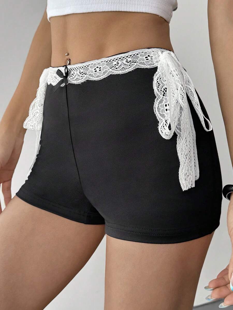 SHEIN Essnce Lace Shorts Bowknot Low Rise Shorts Summer Shorts Women's Contrast Lace Side Tie Stylish Shorts - Black - View 1