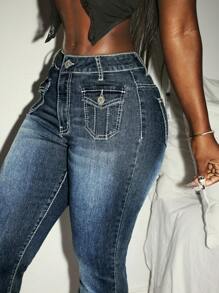 Slaydiva Quần Jeans Ống Loe Túi Đơn Giản Đa Năng Cho Nữ - Rửa tối - Xem 3