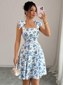Elenzga Nuovo abito elegante e casual per l'estate e le vacanze, a fiori piccoli, con lacci sulle spalle, vita incintata, linea a ruota, slim e modellante