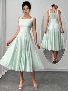 Rafferiza Vestido elegante de mujer con cintura ceñida, corte evasé, cuello de U y sin mangas, diseño de alta gama francés