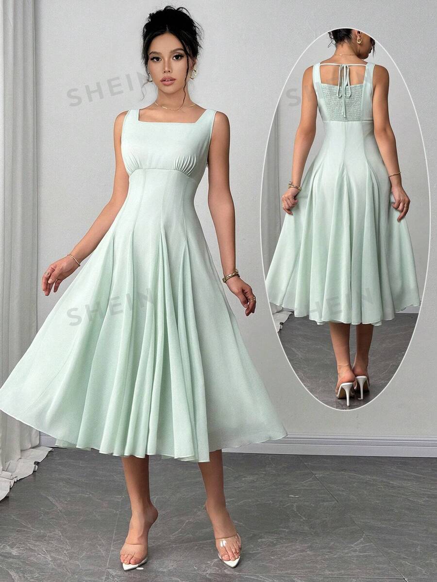 Rafferiza Vestido elegante de mujer con cintura ceñida, corte evasé, cuello de U y sin mangas, diseño de alta gama francés