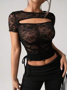 SHEIN ICON Sexy T-Shirt mit Spitzeneinsätzen und seitlicher Ziehkordel, geeignet für den täglichen Gebrauch und den Urlaub