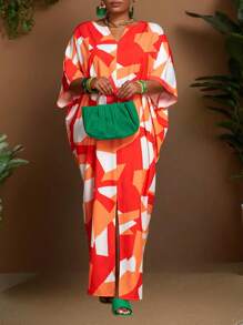 Slaydiva Plus Size Women Vacation & Elegant & Casual & Minimalist Floral Print V-Neck Loose Caftan Dress - Multicolor - View 5