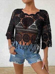 Swim Vcay Solid Color Sheer Fringe Hem Casual Pullover Hoodie Top