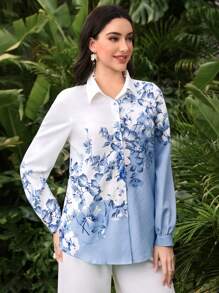 Modelyn 女士度假休闲撞色花卉印花衬衫 - 藍色 - 查看 7