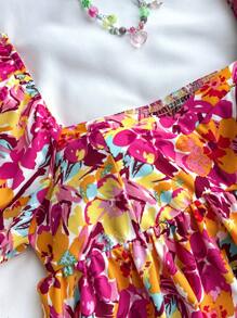 SHEIN 少女度假碎花方领泡泡袖衬衫，可爱碎花上衣 - 紅色 - 查看 7