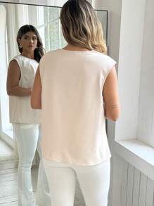 Flirla Áo thun cổ tròn không tay trơn cỡ lớn, thời trang cho mùa hè - Màu be - Xem 2