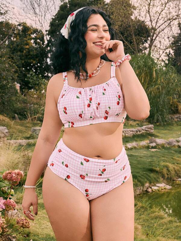 Swim Mod 1 set Grande taille femme 2 pièces Maillot de bain de plage doux et luxueux avec imprimé cerise