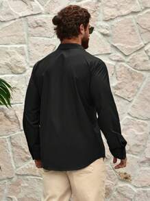 Manfinity RelaxMax Camisa casual de manga larga de un solo pecho de unicolor para hombre, camisa casual de vestir para hombre