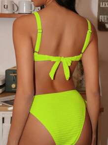 Swim Vcay 2pcs/Set Women Swimwear With Textured Fabric, Underwire Push-Up Non-Detachable Cup, Shell Decor, Drawstring Side For Summer Beach Vacation