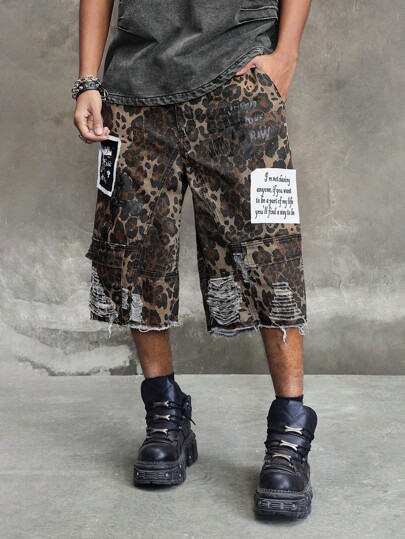 Men's Grunge Leopard Print Slogan Decoration Loose Casual Denim Cargo Shorts