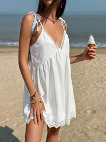 Jouncy Women's Casual Contrast Eyelet Embroidery Mini Cami Dress, Summer Beach Outfit - White - View 6