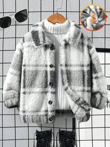 年轻男孩格子羊毛休闲拉链黑白格纹冬季外套，休闲服装 - 黑與白 - 查看 6