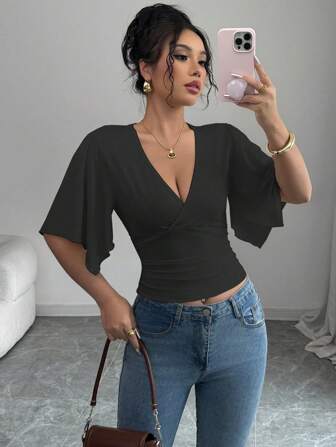 Elenzga Women Casual Vacation Asymmetrical Ruched Short Sleeve Crop Top