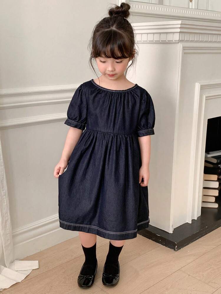 Girls (Petite) Denim Short Sleeve Dress, Summer