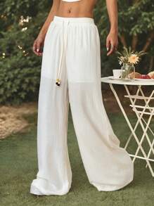 SHEIN EZwear Women's Summer Apricot Solid Bohemian Oversized Wide Leg Pants For Vacation Wear And Music Festival Wear - Apricot - View 1
