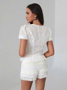 Roylia 方领撞色荷叶边纹理面料女式泡泡袖衬衫 - 白色 - 查看 2