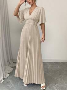 Rafferiza Elegant V-Neck Pleated Front Short Sleeve Long Dress, Spring/Summer - Apricot - View 6