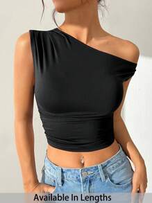 SHEIN Tall CURVE Plus Size Women Solid Color Asymmetric Neckline Pleated Cropped Fitted Blouse - Black - View 1