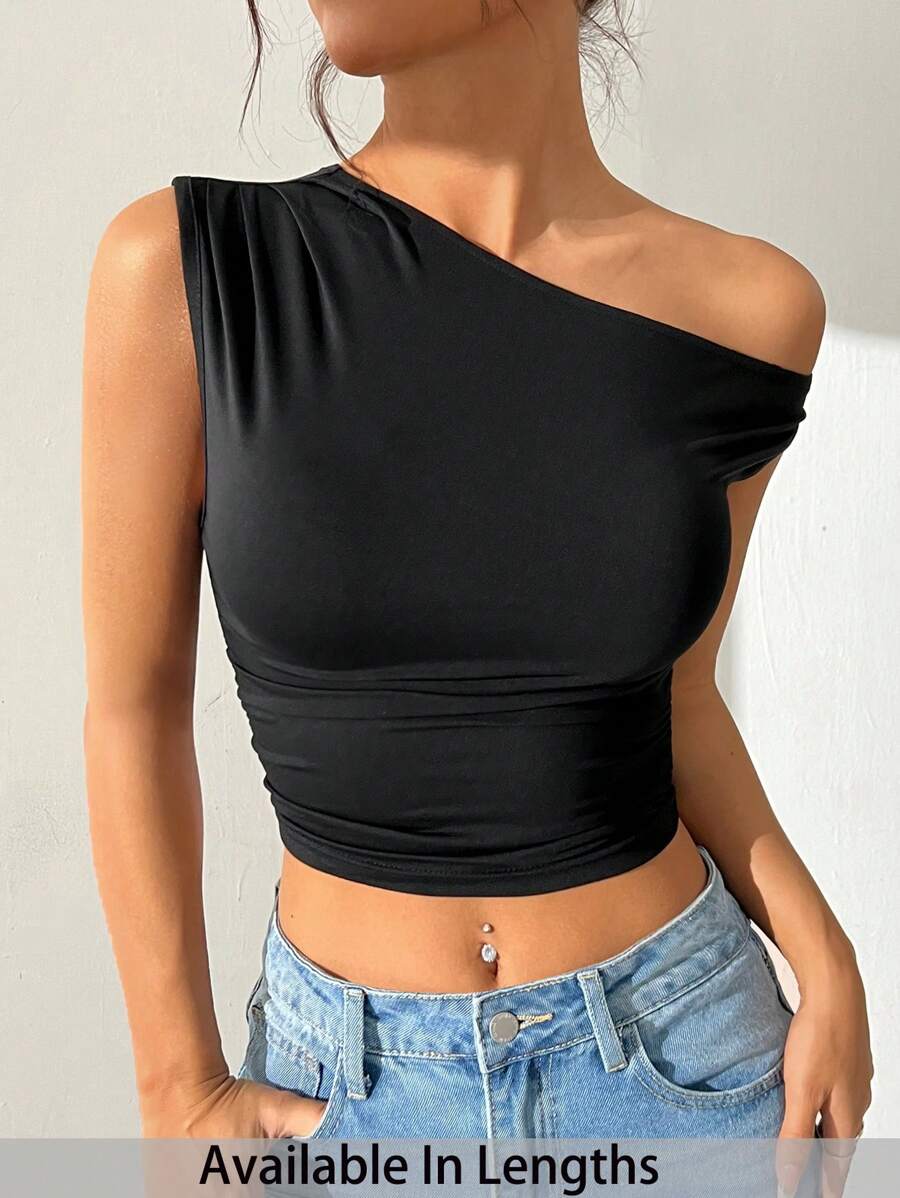 SHEIN Tall CURVE Plus Size Women Solid Color Asymmetric Neckline Pleated Cropped Fitted Blouse - Black - View 1